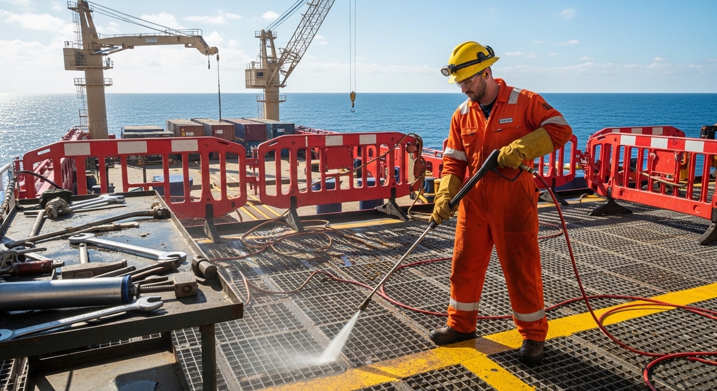 Offshore worker carrying out deck maintenance on a vessel